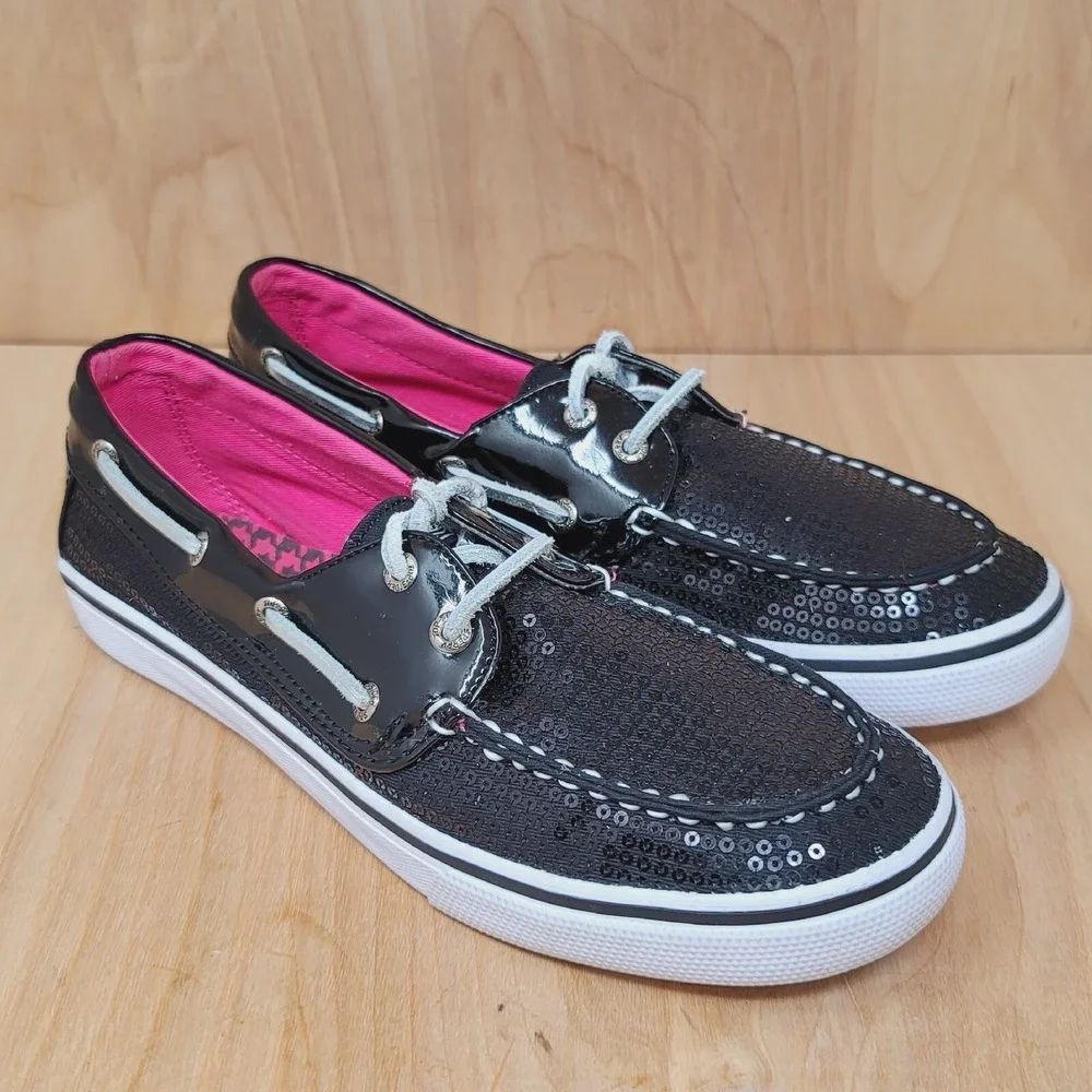 SPERRY TOP-SIDER Women's Boat Shoes Sz 4.5 M Bahama Black Glitter Casual Comfort